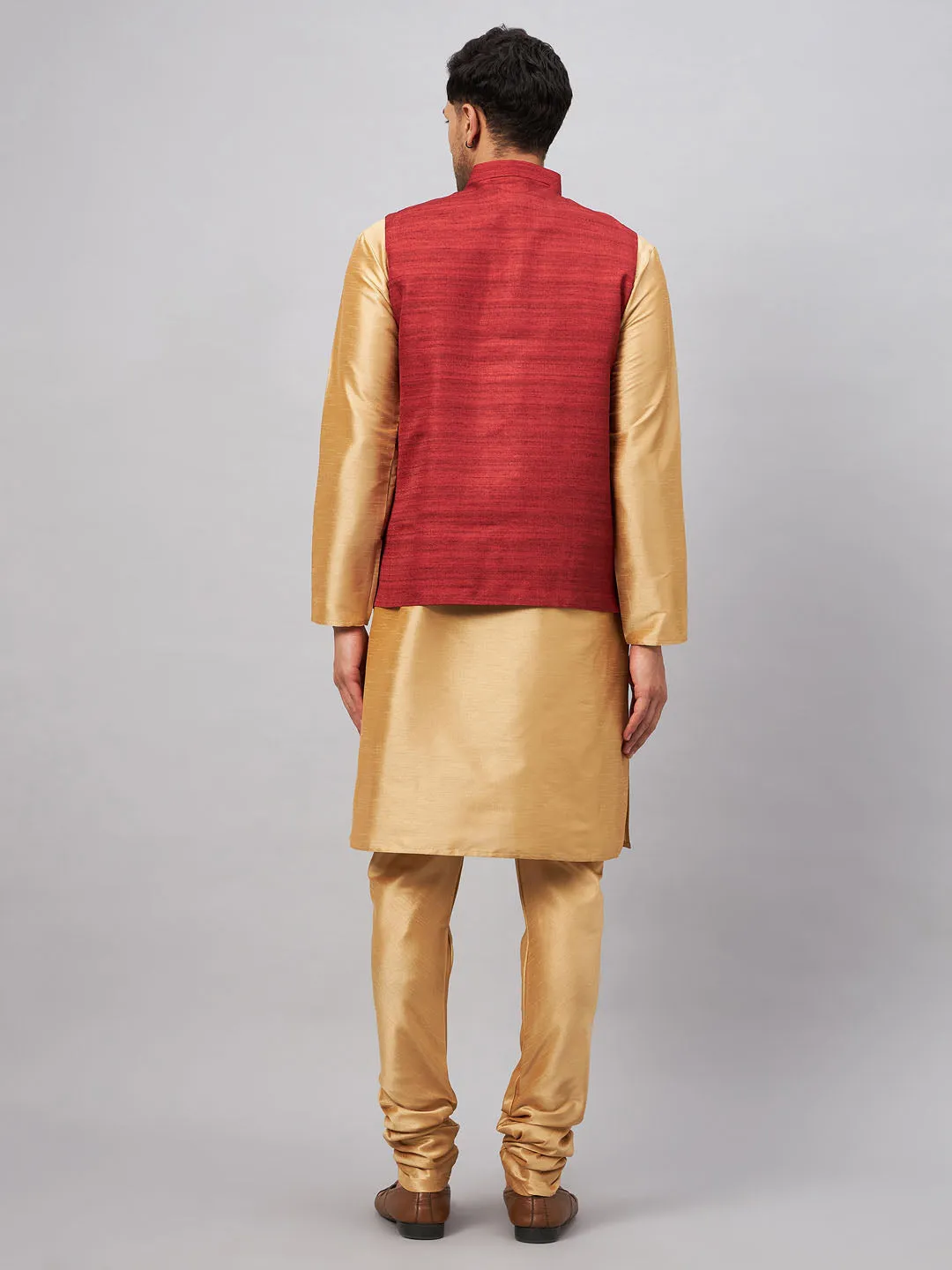 VASTRAMAY Men's Maroon Jacket With Rose Gold Kurta