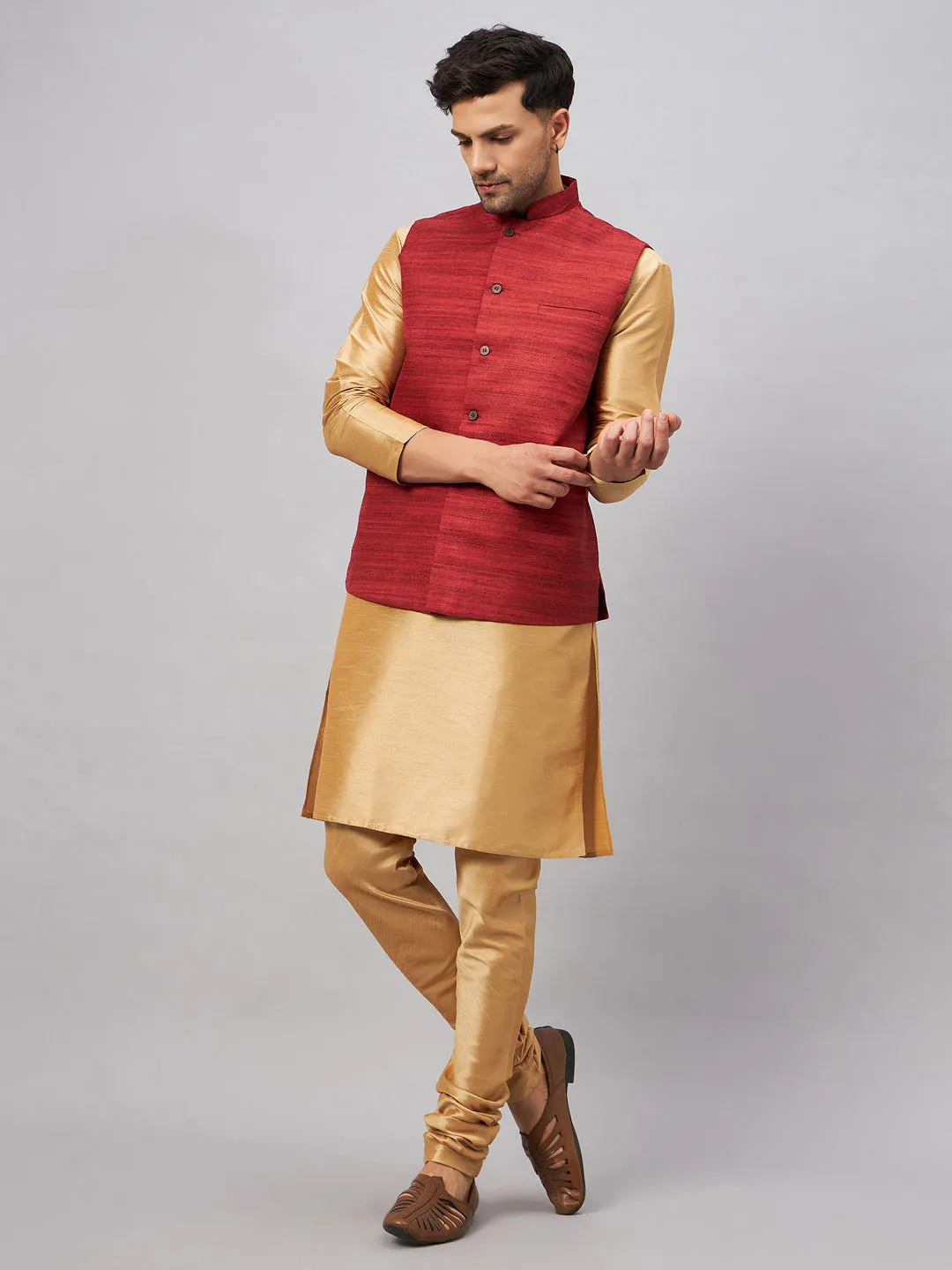 VASTRAMAY Men's Maroon Jacket With Rose Gold Kurta