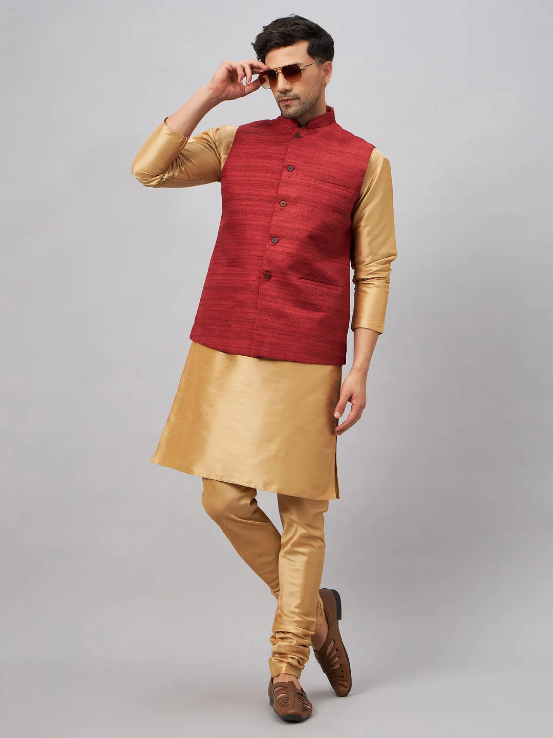 VASTRAMAY Men's Maroon Jacket With Rose Gold Kurta
