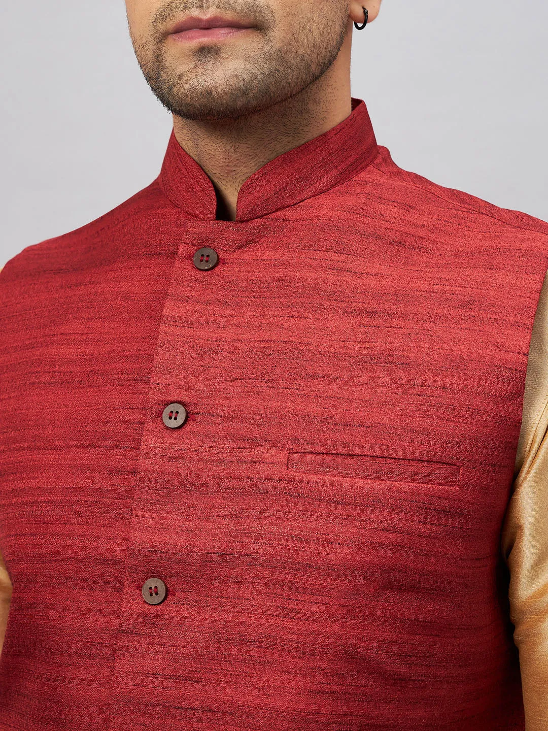 VASTRAMAY Men's Maroon Jacket With Rose Gold Kurta