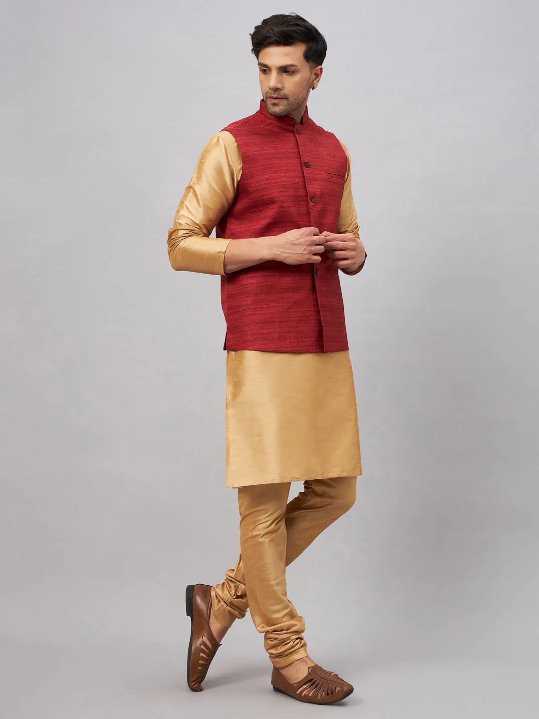 VASTRAMAY Men's Maroon Jacket With Rose Gold Kurta