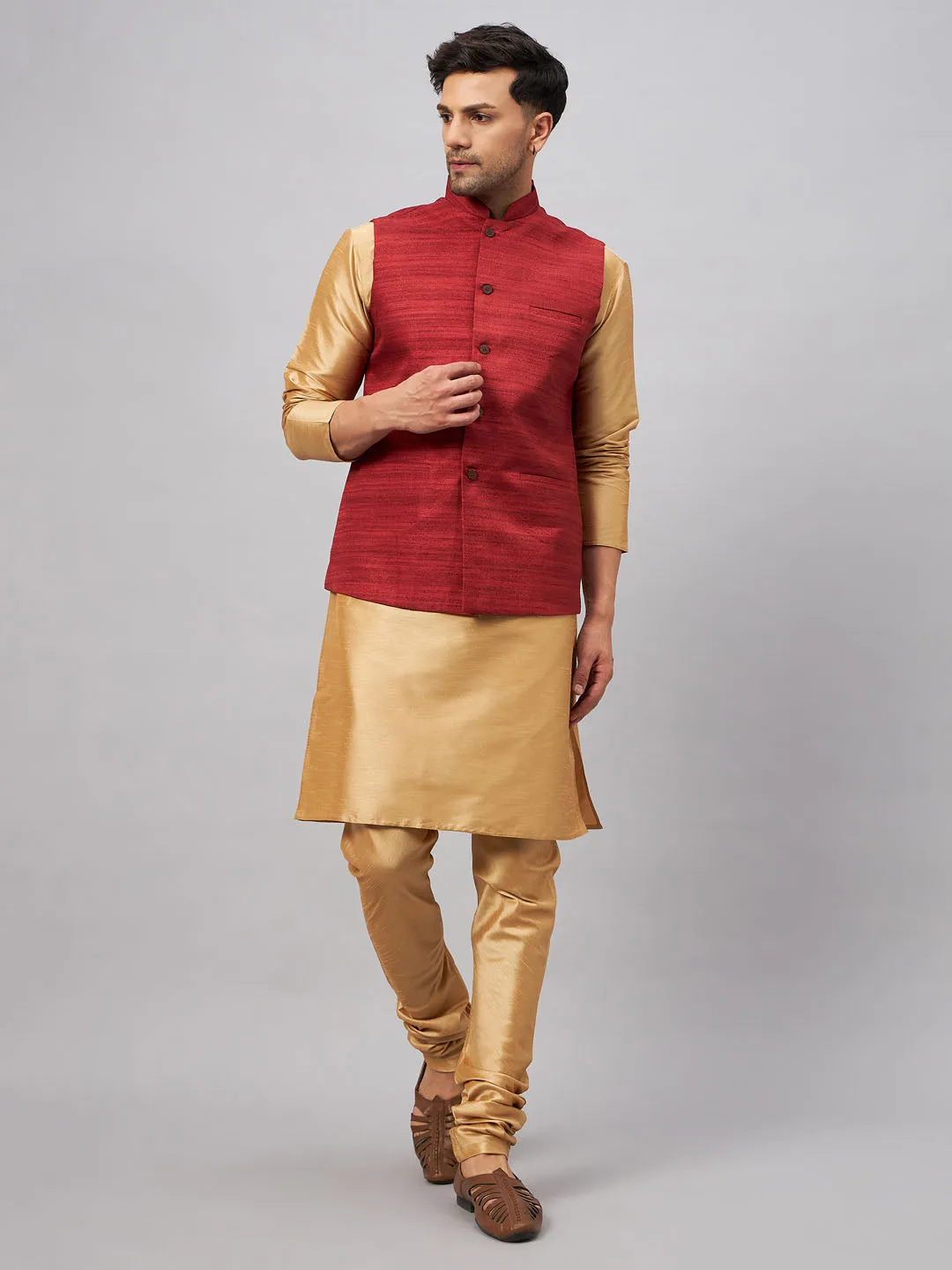 VASTRAMAY Men's Maroon Jacket With Rose Gold Kurta
