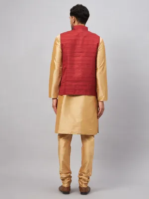 VASTRAMAY Men's Maroon Jacket With Rose Gold Kurta