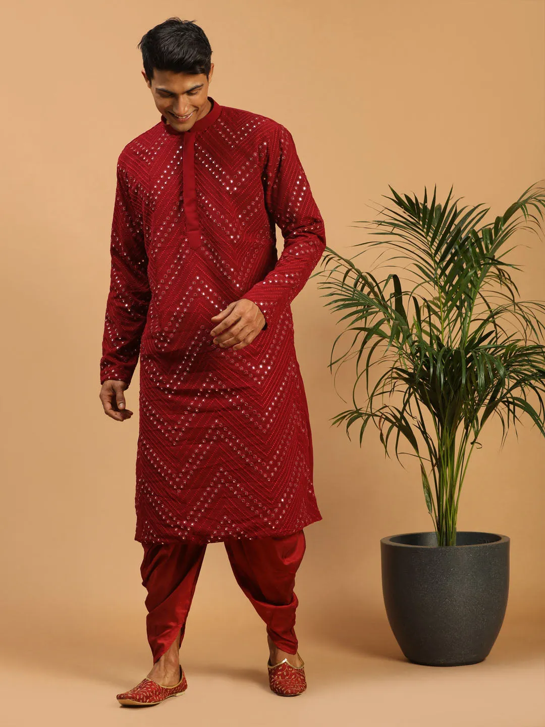 Vastramay Men's Maroon Mirror Kurta Dhoti Set