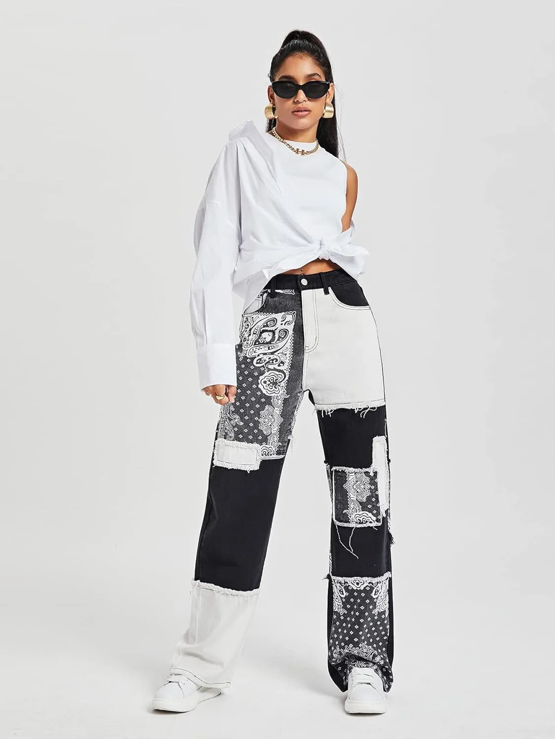 WDIRARA Women's Cow Print Ripped Jeans High Waisted Button Skinny Denim Pants