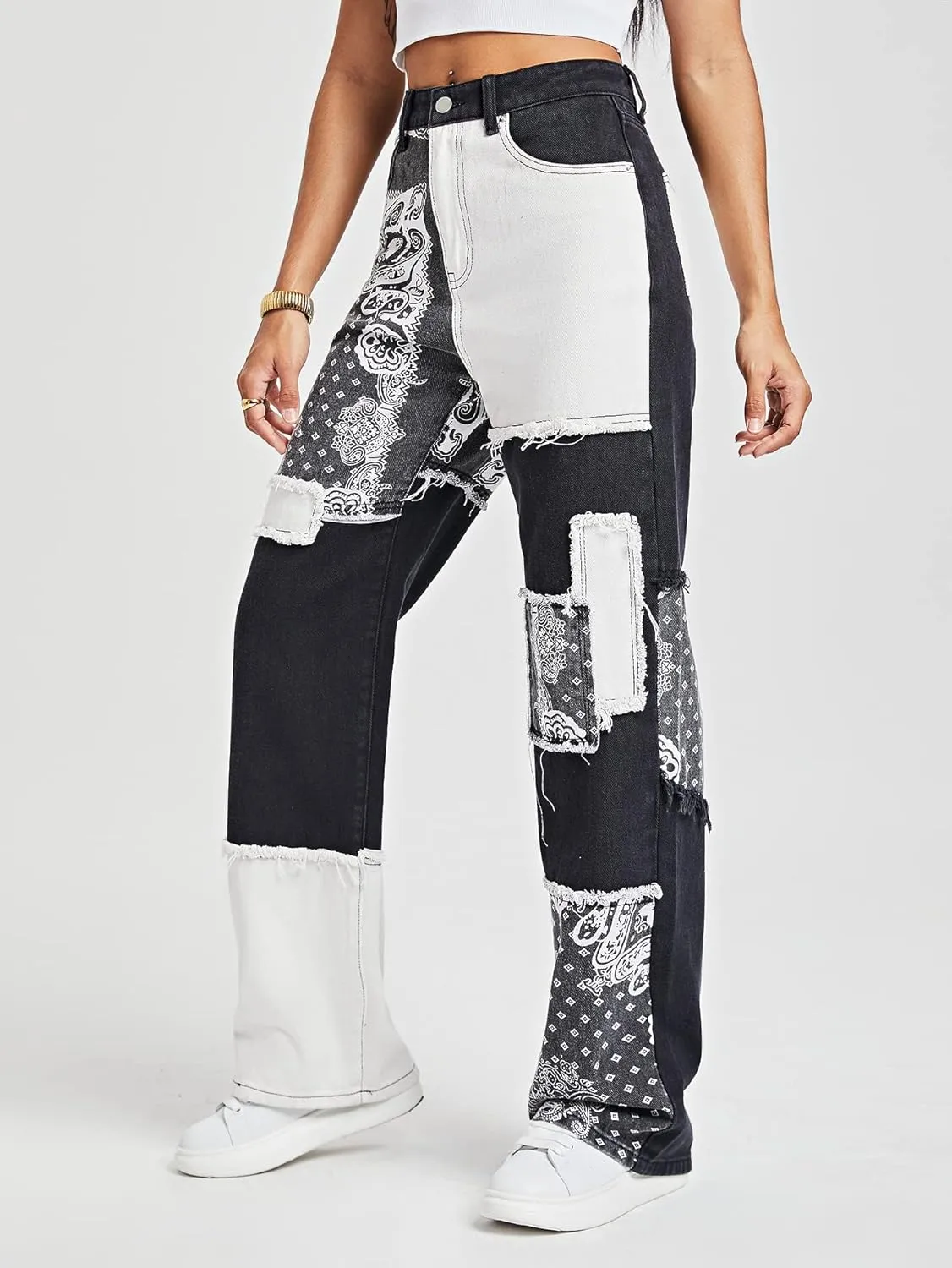 WDIRARA Women's Cow Print Ripped Jeans High Waisted Button Skinny Denim Pants