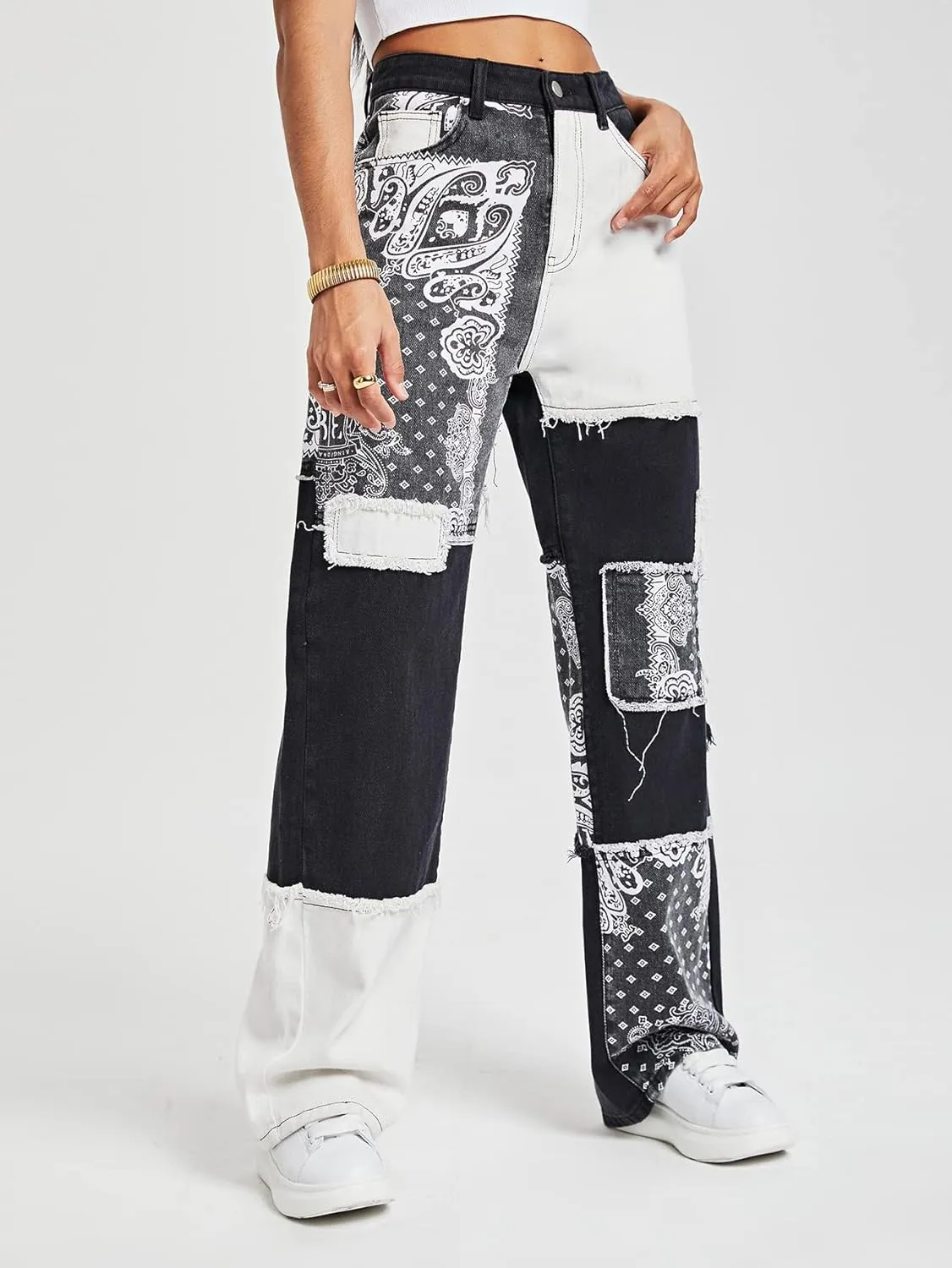 WDIRARA Women's Cow Print Ripped Jeans High Waisted Button Skinny Denim Pants