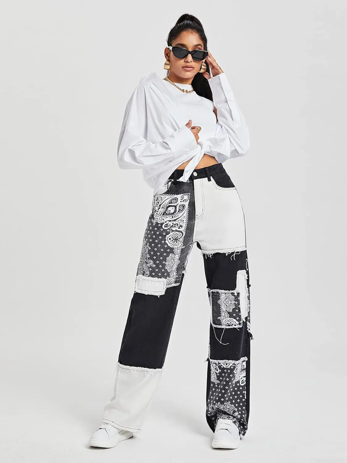 WDIRARA Women's Cow Print Ripped Jeans High Waisted Button Skinny Denim Pants