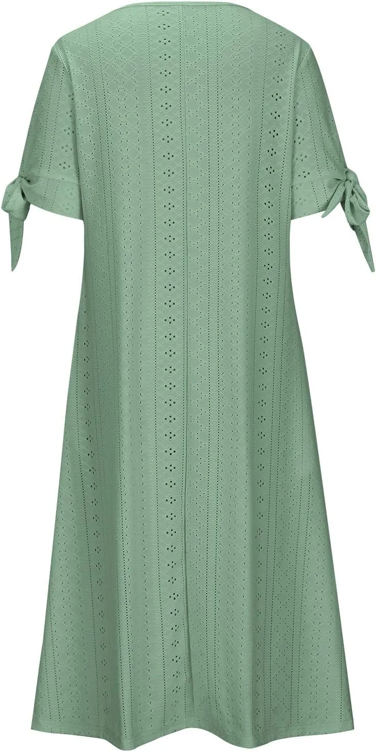 Wkishenl Summer Dresses for Women 2024 Casual V Neck Button Dress Short Sleeve Sun Dress Vacation Long Dress with Pockets