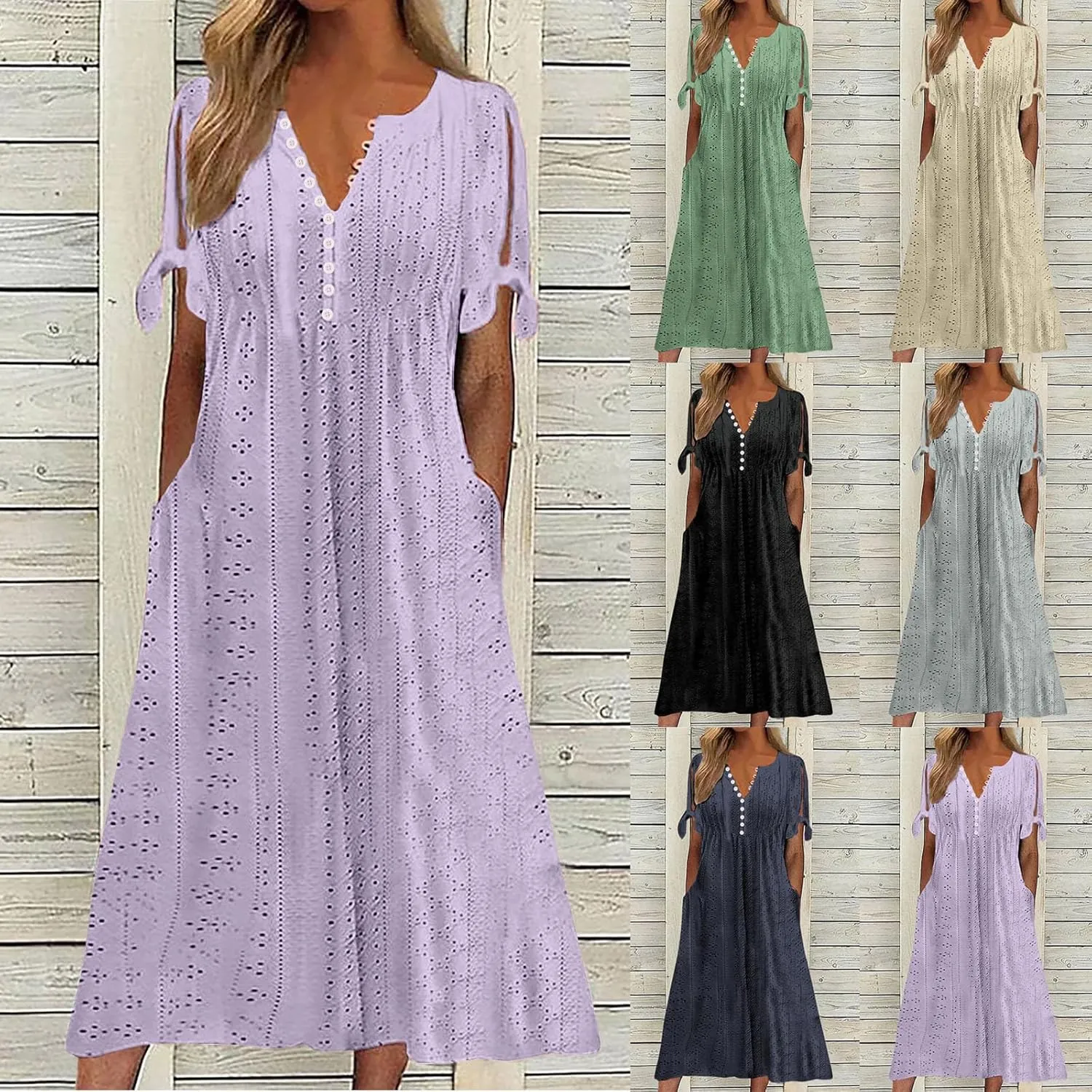 Wkishenl Summer Dresses for Women 2024 Casual V Neck Button Dress Short Sleeve Sun Dress Vacation Long Dress with Pockets