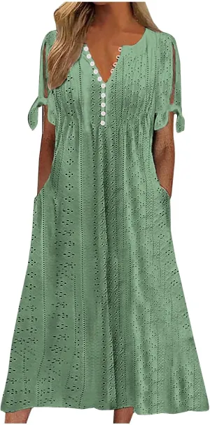 Wkishenl Summer Dresses for Women 2024 Casual V Neck Button Dress Short Sleeve Sun Dress Vacation Long Dress with Pockets