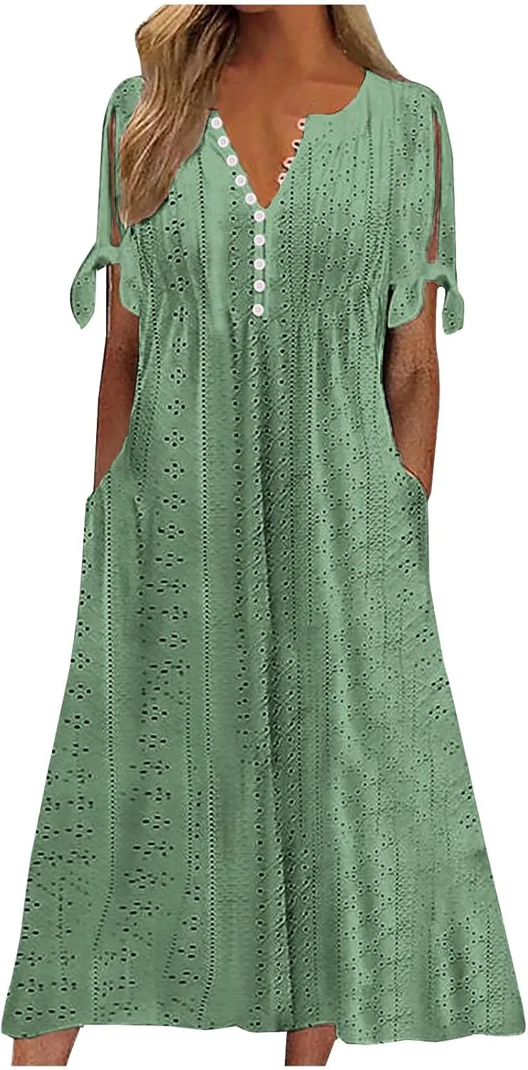 Wkishenl Summer Dresses for Women 2024 Casual V Neck Button Dress Short Sleeve Sun Dress Vacation Long Dress with Pockets