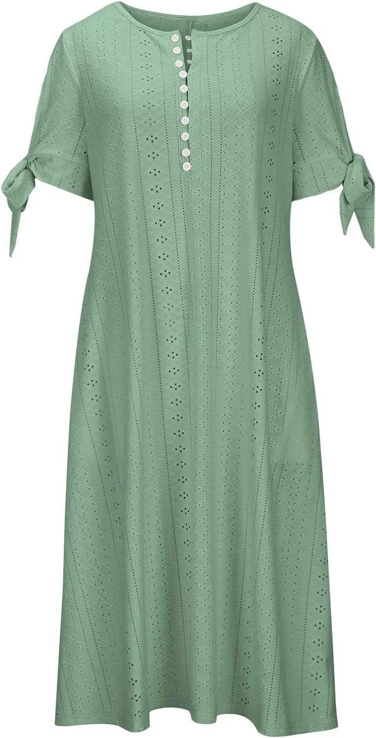 Wkishenl Summer Dresses for Women 2024 Casual V Neck Button Dress Short Sleeve Sun Dress Vacation Long Dress with Pockets