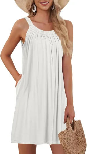 Women 2025 Summer Dress Sleeveless V Neck Mini Dress Casual Beach Cover Up Swimwear Bathing Suit Sundress with Pocket