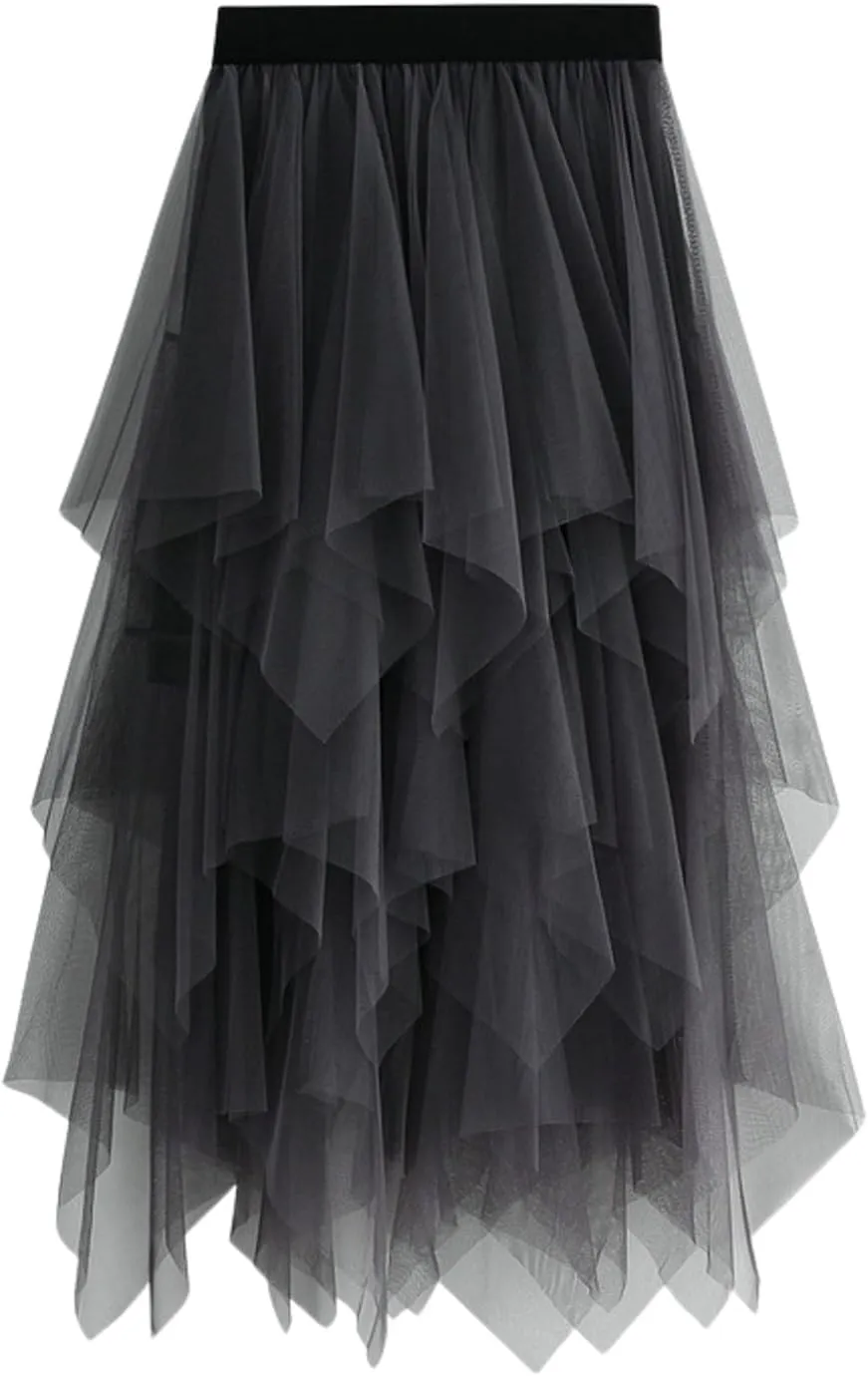 Women Mesh Tutu Skirt Layered Tulle Elastic High Waist Skirt High Low Irregular Hem Pleated A-line Midi Skirt