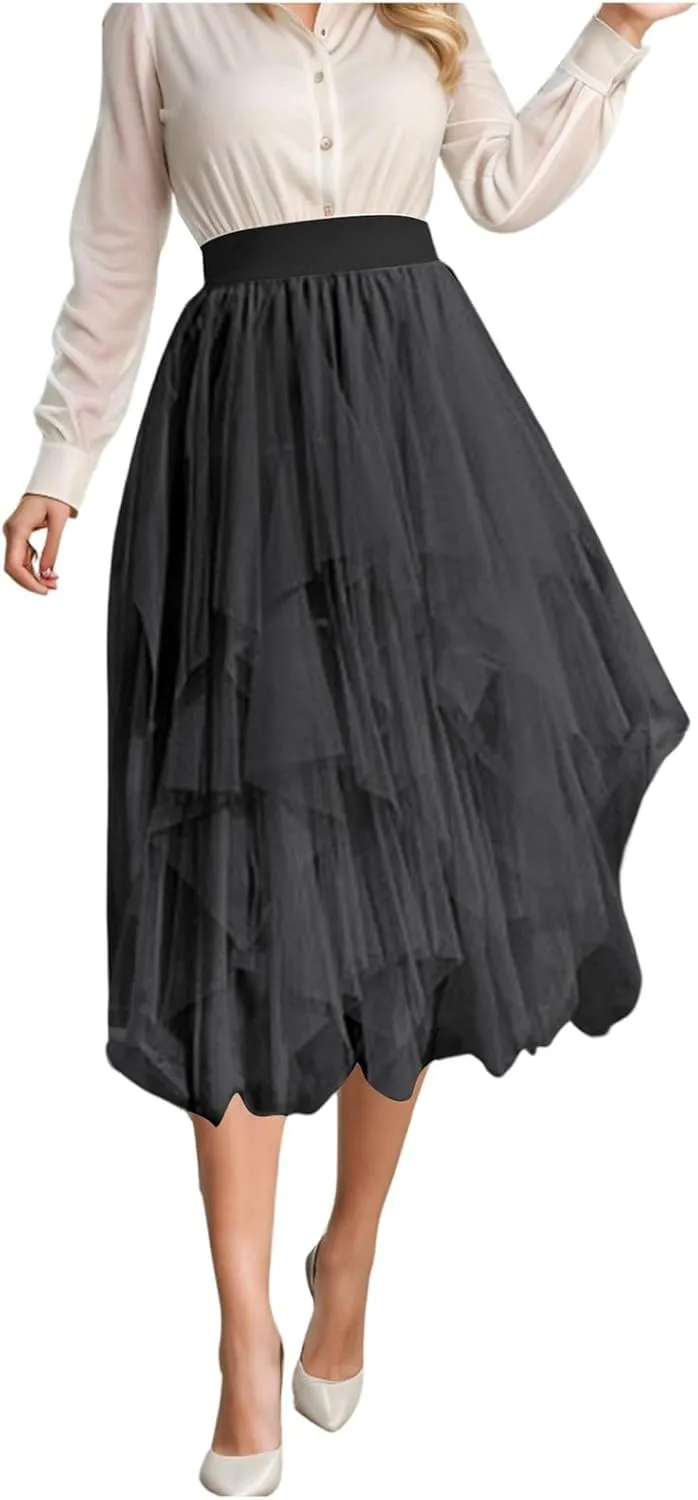 Women Mesh Tutu Skirt Layered Tulle Elastic High Waist Skirt High Low Irregular Hem Pleated A-line Midi Skirt