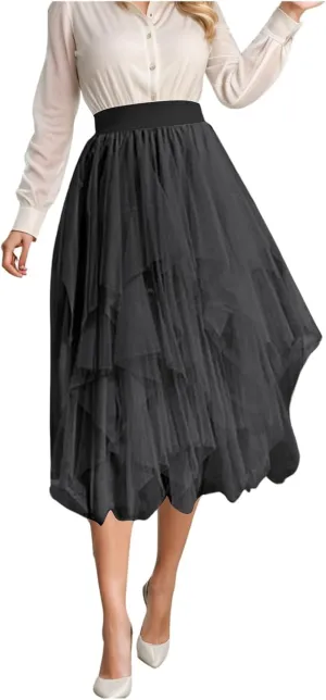Women Mesh Tutu Skirt Layered Tulle Elastic High Waist Skirt High Low Irregular Hem Pleated A-line Midi Skirt