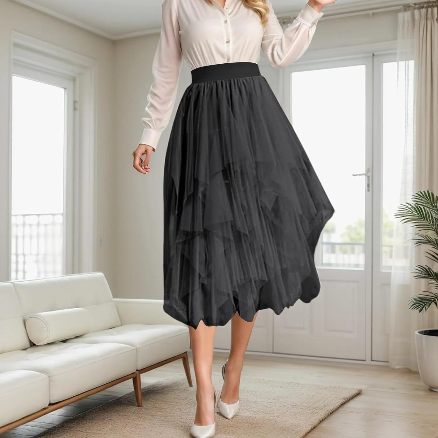 Women Mesh Tutu Skirt Layered Tulle Elastic High Waist Skirt High Low Irregular Hem Pleated A-line Midi Skirt