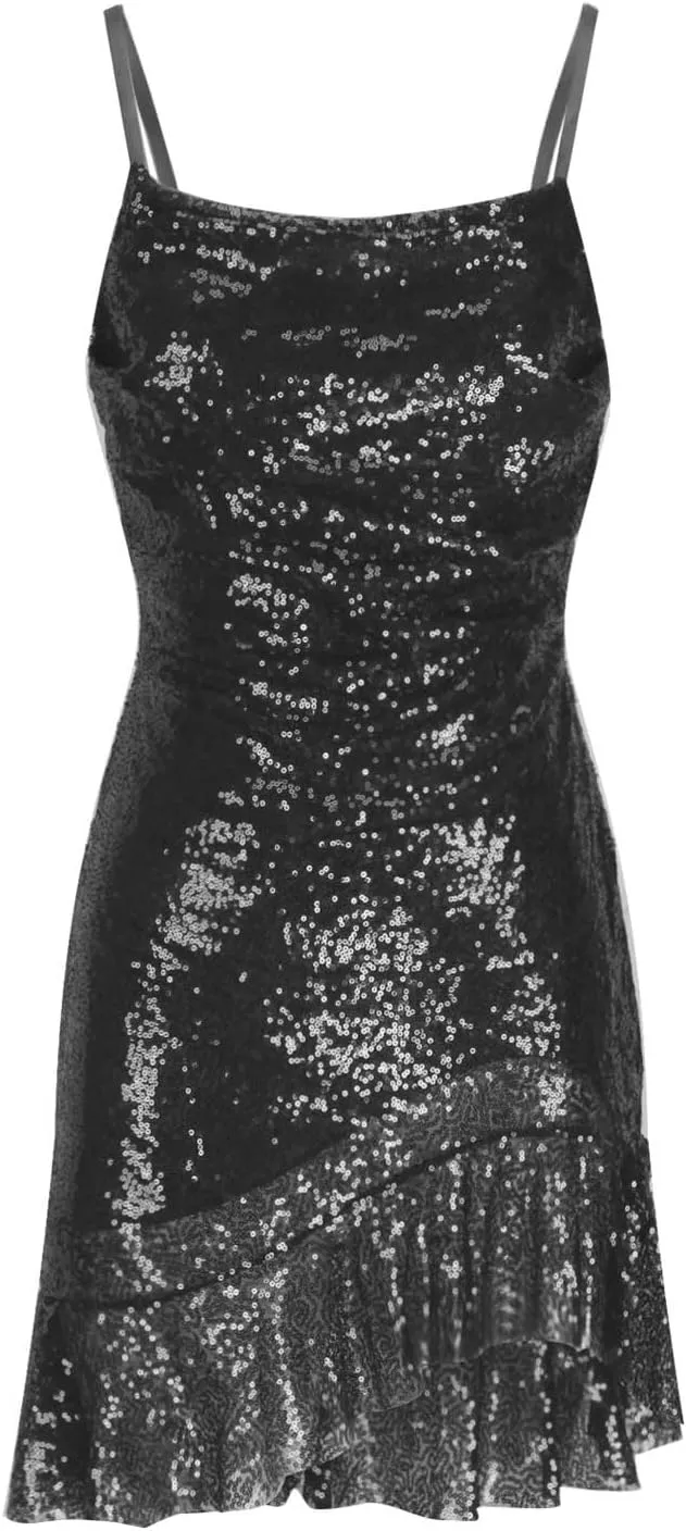 Women Sexy Sequin Glitter Mini Dress Spaghetti Strap Ruffle Hem Bodycon Wrap Short Dress Sparkle Backless Cami Dress