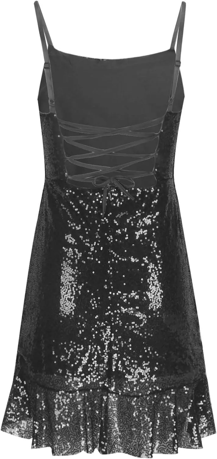 Women Sexy Sequin Glitter Mini Dress Spaghetti Strap Ruffle Hem Bodycon Wrap Short Dress Sparkle Backless Cami Dress