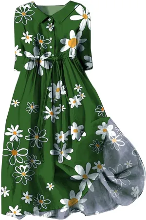 Women Summer Dresses Boho Floral Lapel Neck Button Casual Cute A-Line Lace-Up Dress Vacation Beach Flowy Long Dress