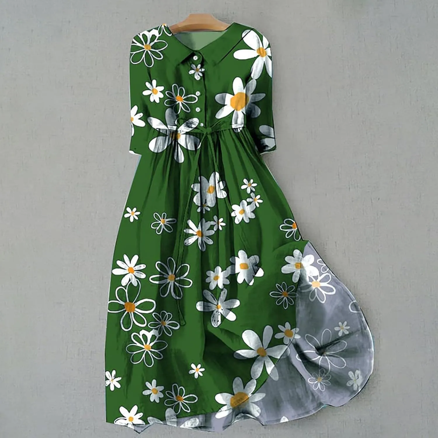 Women Summer Dresses Boho Floral Lapel Neck Button Casual Cute A-Line Lace-Up Dress Vacation Beach Flowy Long Dress