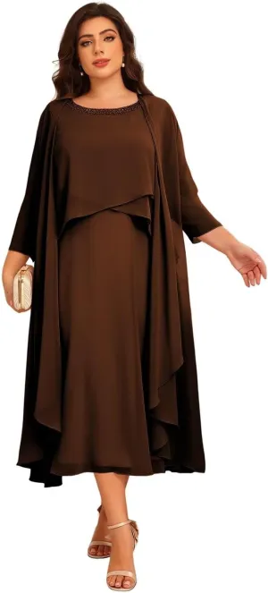 Women's 2 Piece Mother of The Bride Dresses for Wedding Long Sleeve Ruffles Chiffon Formal Evening Dress DE364