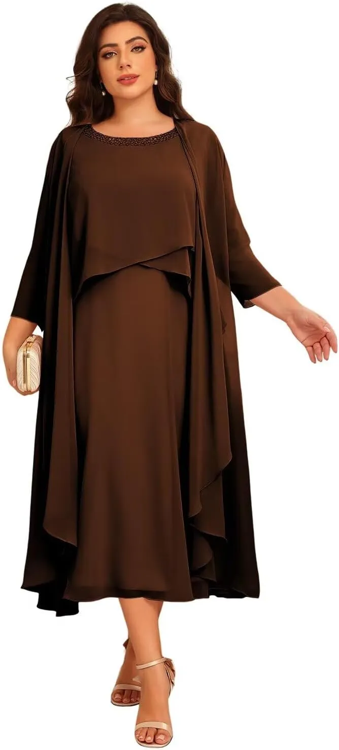Women's 2 Piece Mother of The Bride Dresses for Wedding Long Sleeve Ruffles Chiffon Formal Evening Dress DE364