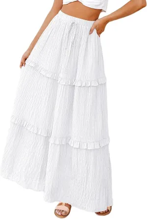 Womens Boho Floral Wrap Maxi Skirt High Waist Pleated A-Line Flowy Swing Line Maxi Long Skirt Beach Skirts