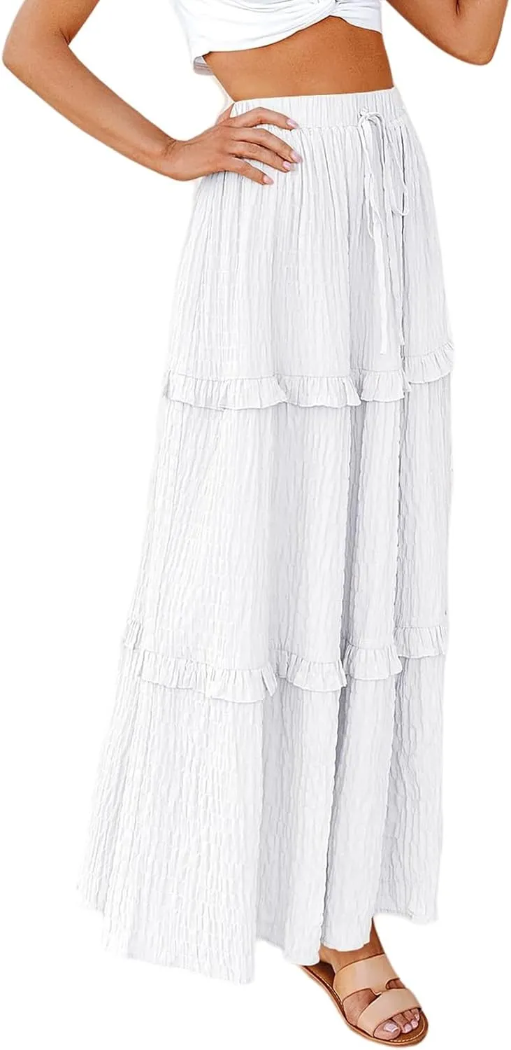 Womens Boho Floral Wrap Maxi Skirt High Waist Pleated A-Line Flowy Swing Line Maxi Long Skirt Beach Skirts