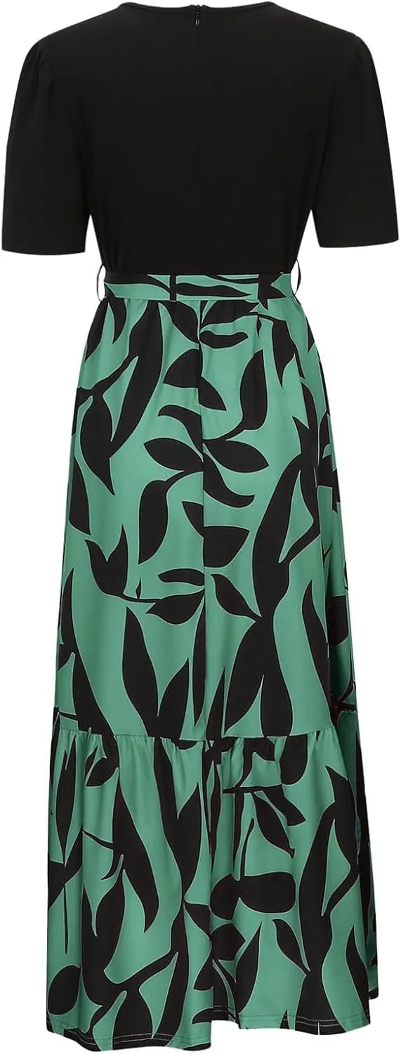 Women's Boho Leopard Print Skirt Pleated A-Line Swing Midi Skirts Flowy Flared Ruffle Summer Long Skirt