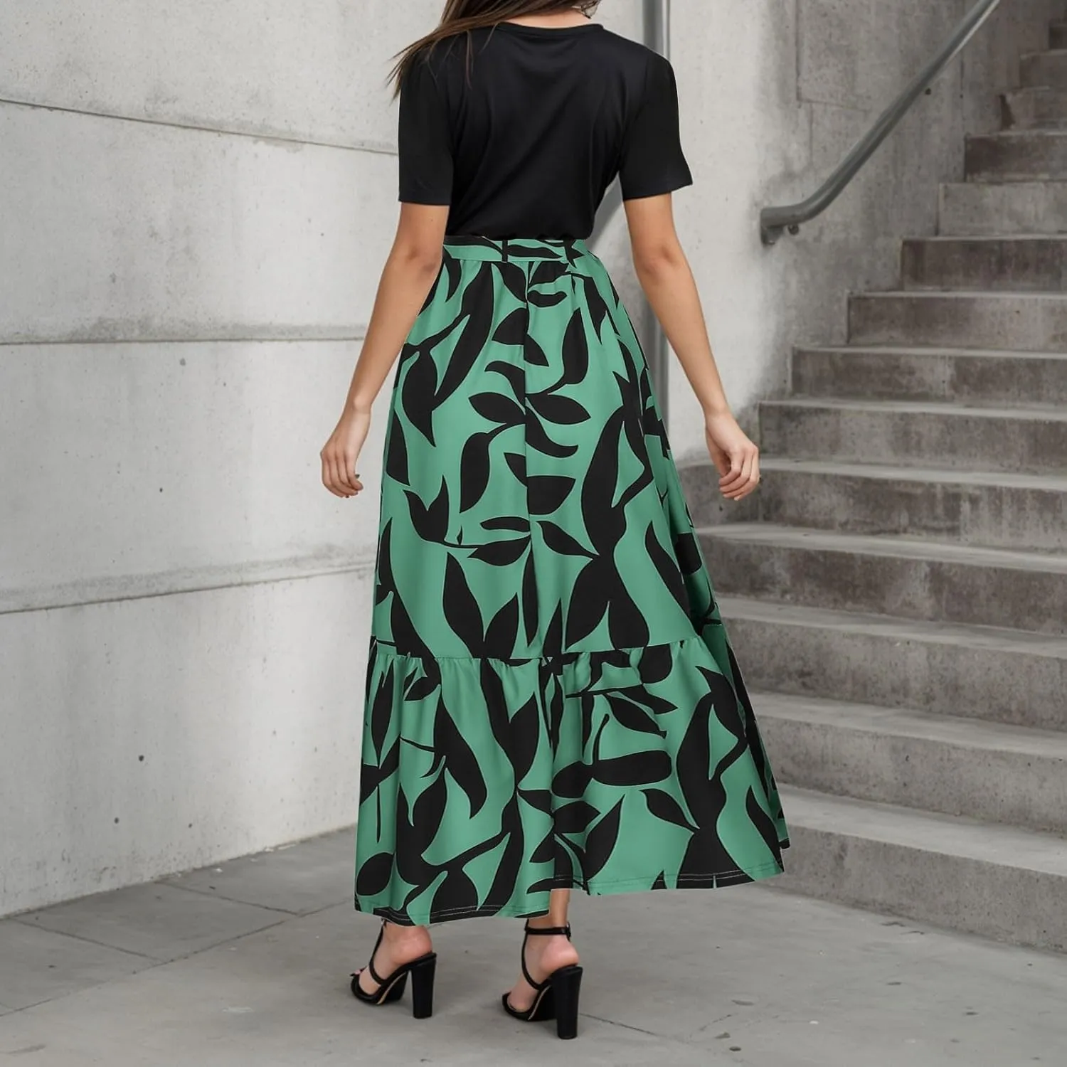 Women's Boho Leopard Print Skirt Pleated A-Line Swing Midi Skirts Flowy Flared Ruffle Summer Long Skirt