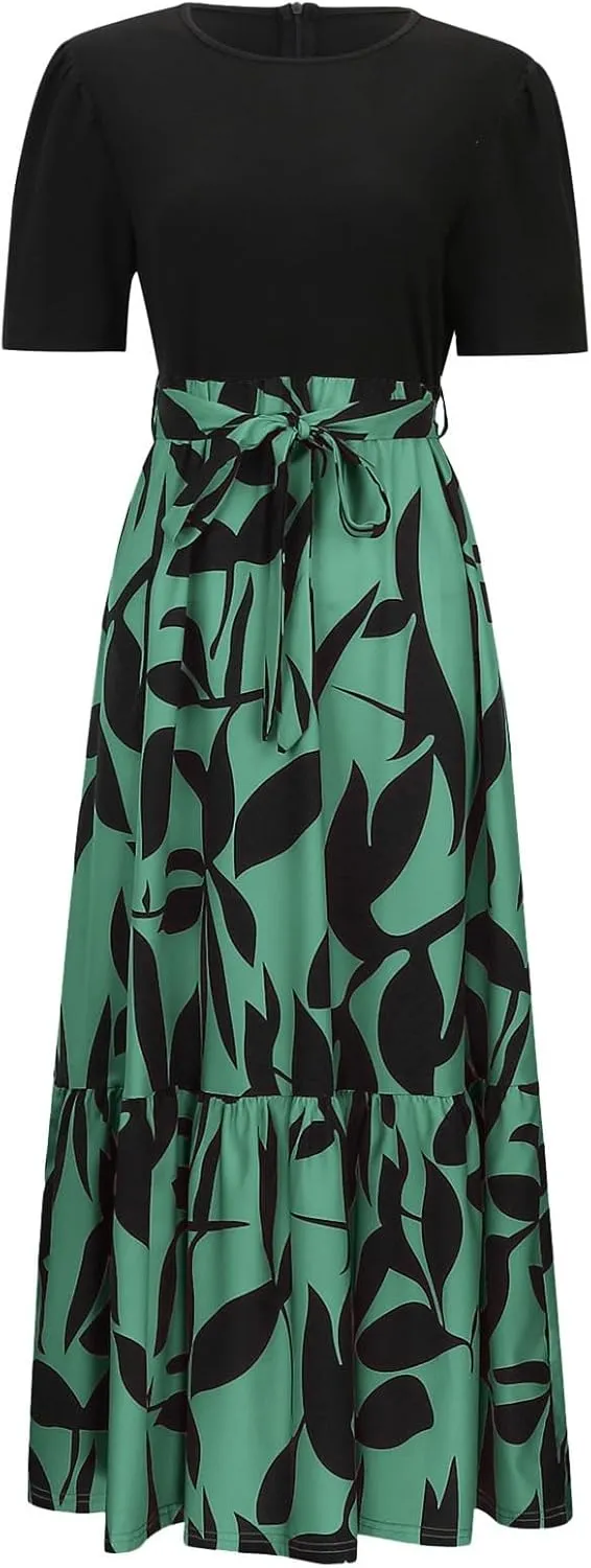 Women's Boho Leopard Print Skirt Pleated A-Line Swing Midi Skirts Flowy Flared Ruffle Summer Long Skirt