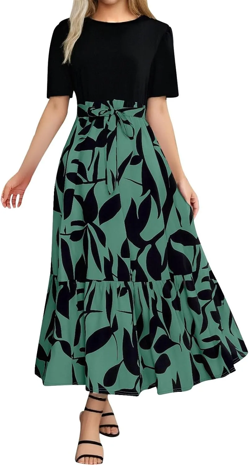 Women's Boho Leopard Print Skirt Pleated A-Line Swing Midi Skirts Flowy Flared Ruffle Summer Long Skirt