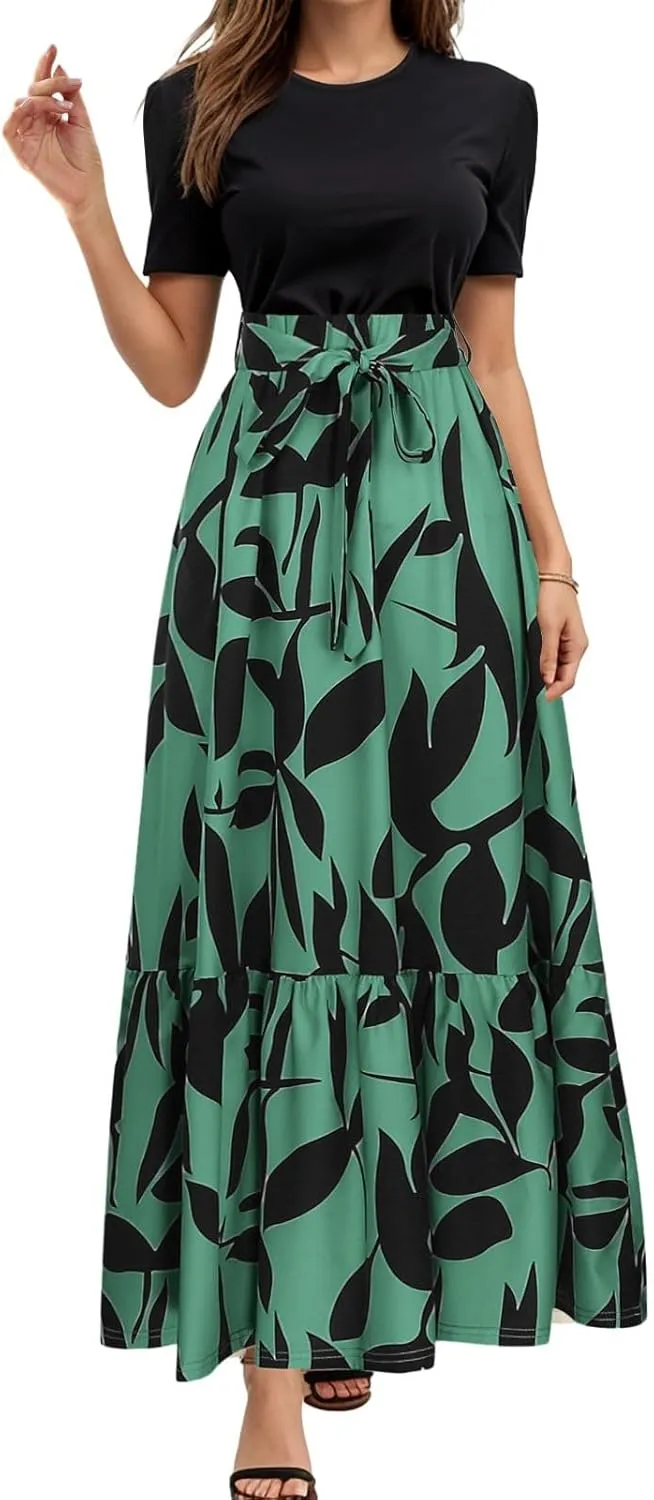 Women's Boho Leopard Print Skirt Pleated A-Line Swing Midi Skirts Flowy Flared Ruffle Summer Long Skirt