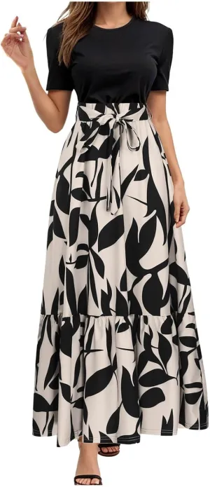 Women's Boho Leopard Print Skirt Pleated A-Line Swing Midi Skirts Flowy Flared Ruffle Summer Long Skirt