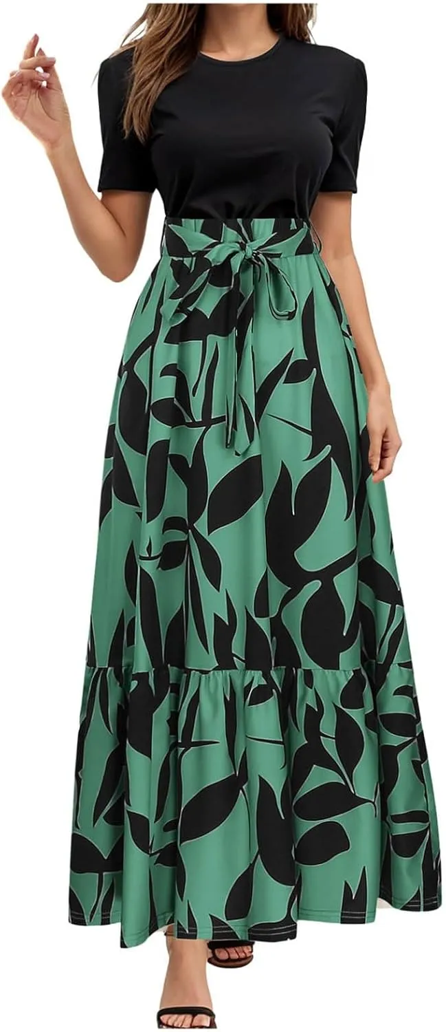 Women's Boho Leopard Print Skirt Pleated A-Line Swing Midi Skirts Flowy Flared Ruffle Summer Long Skirt