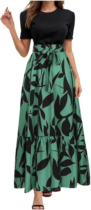 Women's Boho Leopard Print Skirt Pleated A-Line Swing Midi Skirts Flowy Flared Ruffle Summer Long Skirt