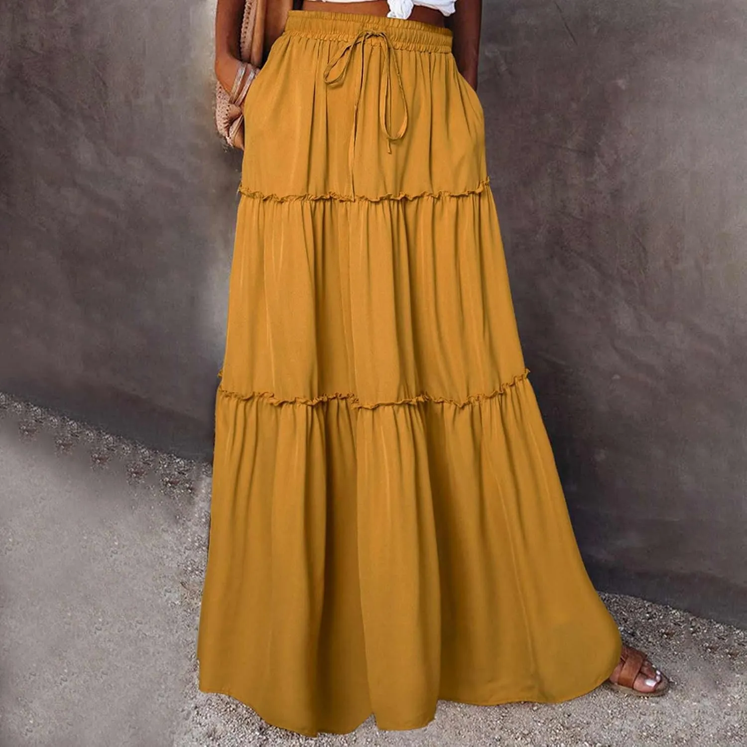 Womens Casual Boho Maxi Skirt Trendy Pleated Ruffle Flowy Skirt Drawstring Elastic High Waisted Summer A-Line Skirts