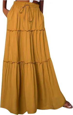 Womens Casual Boho Maxi Skirt Trendy Pleated Ruffle Flowy Skirt Drawstring Elastic High Waisted Summer A-Line Skirts