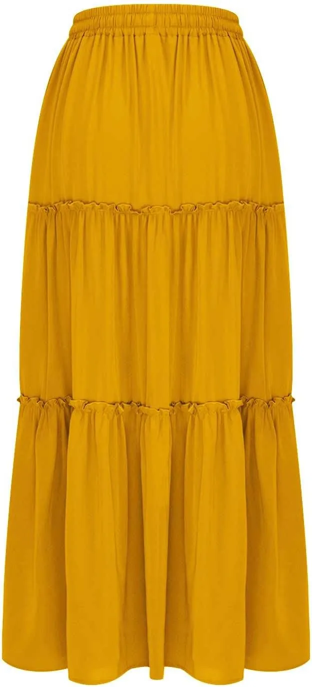 Womens Casual Boho Maxi Skirt Trendy Pleated Ruffle Flowy Skirt Drawstring Elastic High Waisted Summer A-Line Skirts