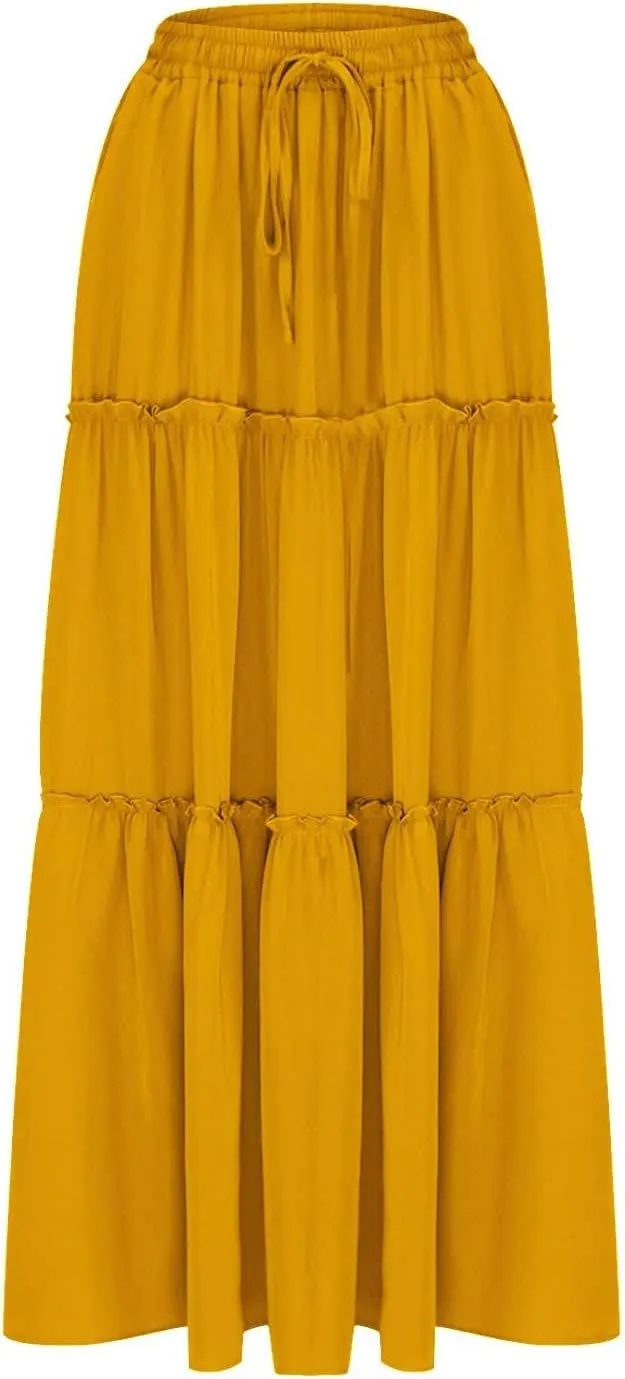 Womens Casual Boho Maxi Skirt Trendy Pleated Ruffle Flowy Skirt Drawstring Elastic High Waisted Summer A-Line Skirts