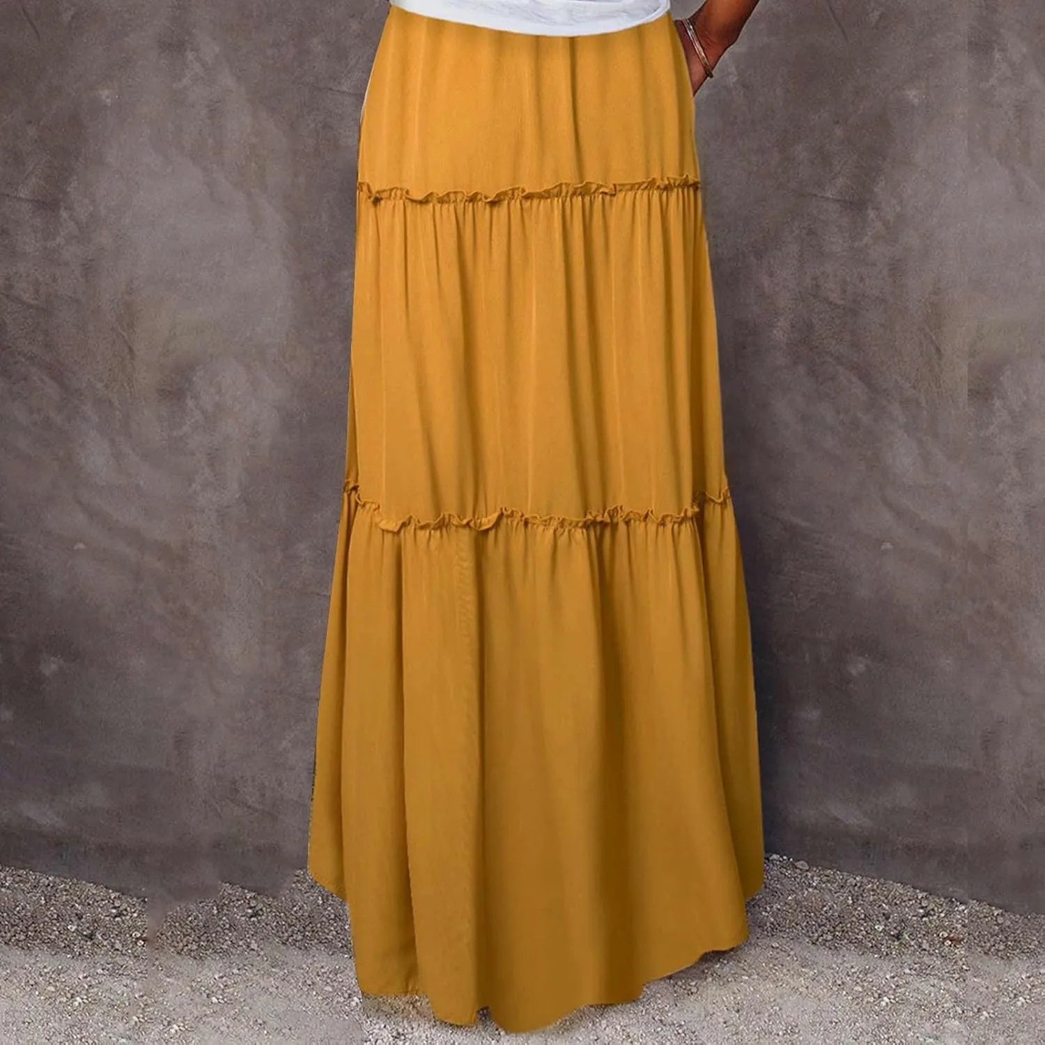 Womens Casual Boho Maxi Skirt Trendy Pleated Ruffle Flowy Skirt Drawstring Elastic High Waisted Summer A-Line Skirts