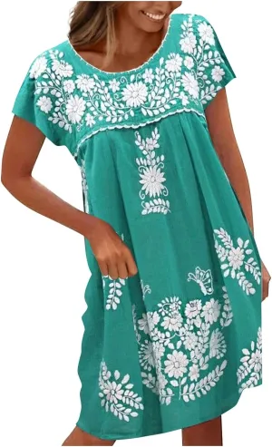 Women's Casual Dresses 2024 Trendy Summer Dresses Loose Swing Round Neck Short Sleeve Dress Vestidos, S-5XL