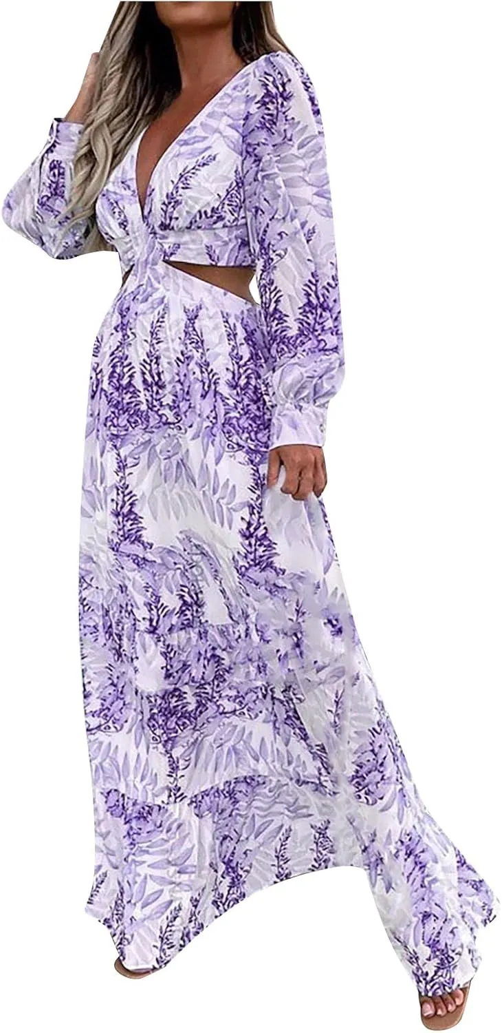 Women's Casual Dresses Summer Loose Trendy Short Sleeve V-Neck Floral Print Beach Vacation Maxi Dress, S-XL