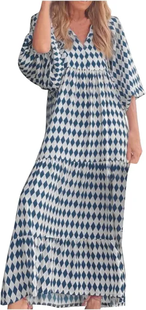 Women's Casual Dresses Summer Loose Trendy Short Sleeve V-Neck Floral Print Beach Vacation Maxi Dress, S-XL