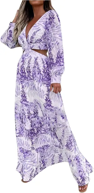 Women's Casual Dresses Summer Loose Trendy Short Sleeve V-Neck Floral Print Beach Vacation Maxi Dress, S-XL