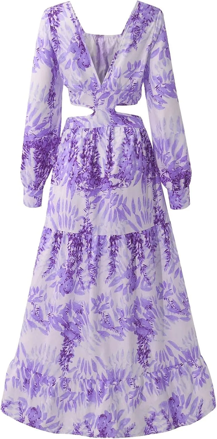 Women's Casual Dresses Summer Loose Trendy Short Sleeve V-Neck Floral Print Beach Vacation Maxi Dress, S-XL