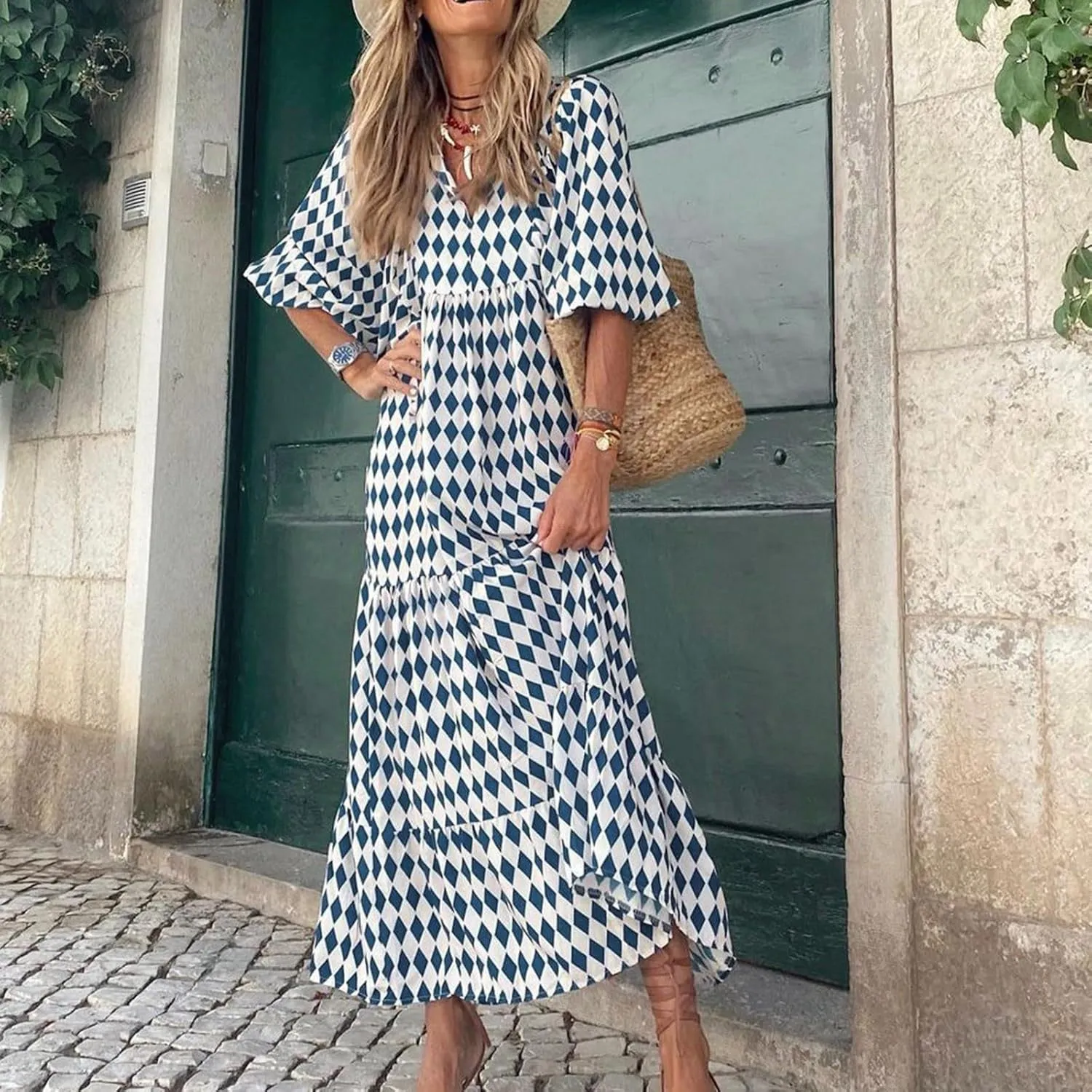 Women's Casual Dresses Summer Loose Trendy Short Sleeve V-Neck Floral Print Beach Vacation Maxi Dress, S-XL