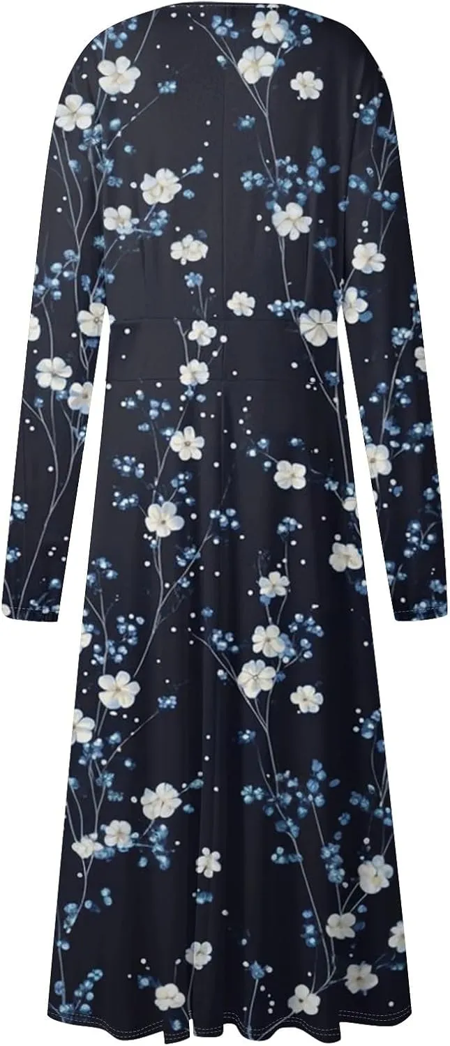 Women's Casual Fashion V-Neck Long Sleeve Floral Print Long Dress Fashion